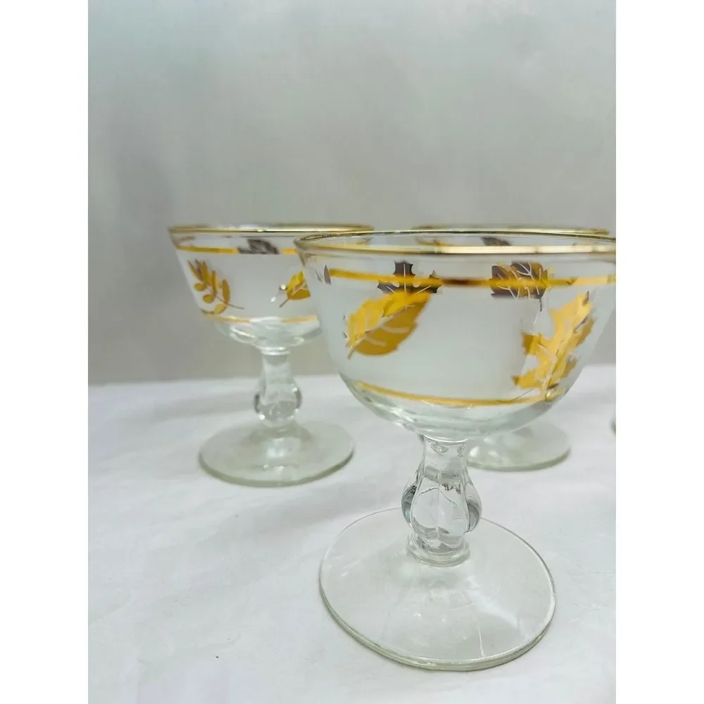 Vintage Libbey Gold Foliage Coupe Glasses Set 6